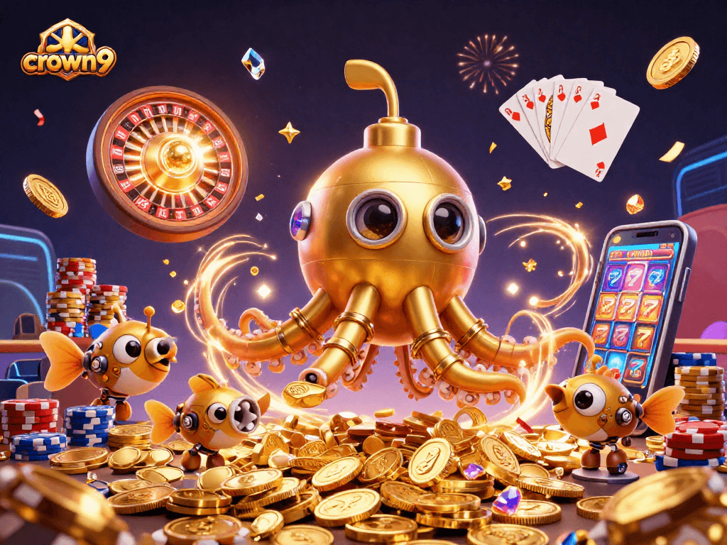 Spin exciting online pokies at crown9, featuring golden kraken submarine and dynamic casino elements.