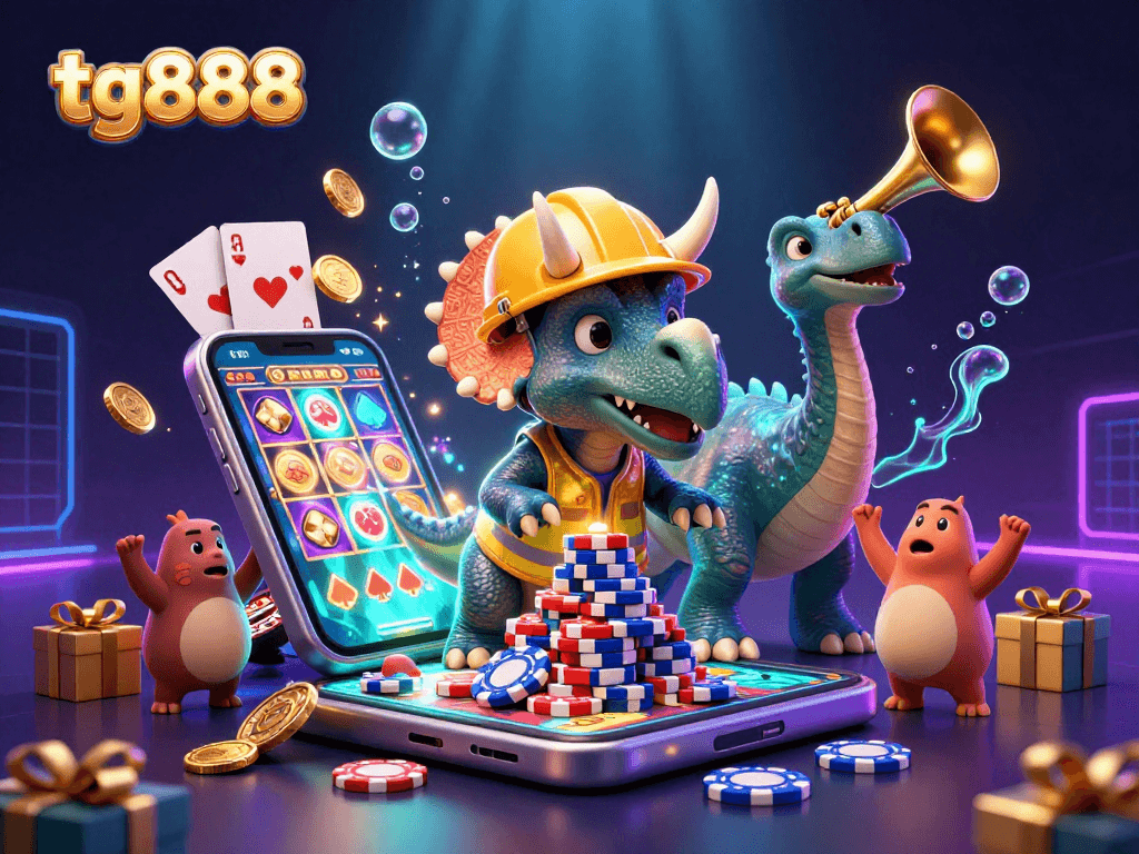 Tg888 brings excitement to casino gaming with a vibrant scene of a triceratops and friends celebrating amidst a colorful gambling environment.
