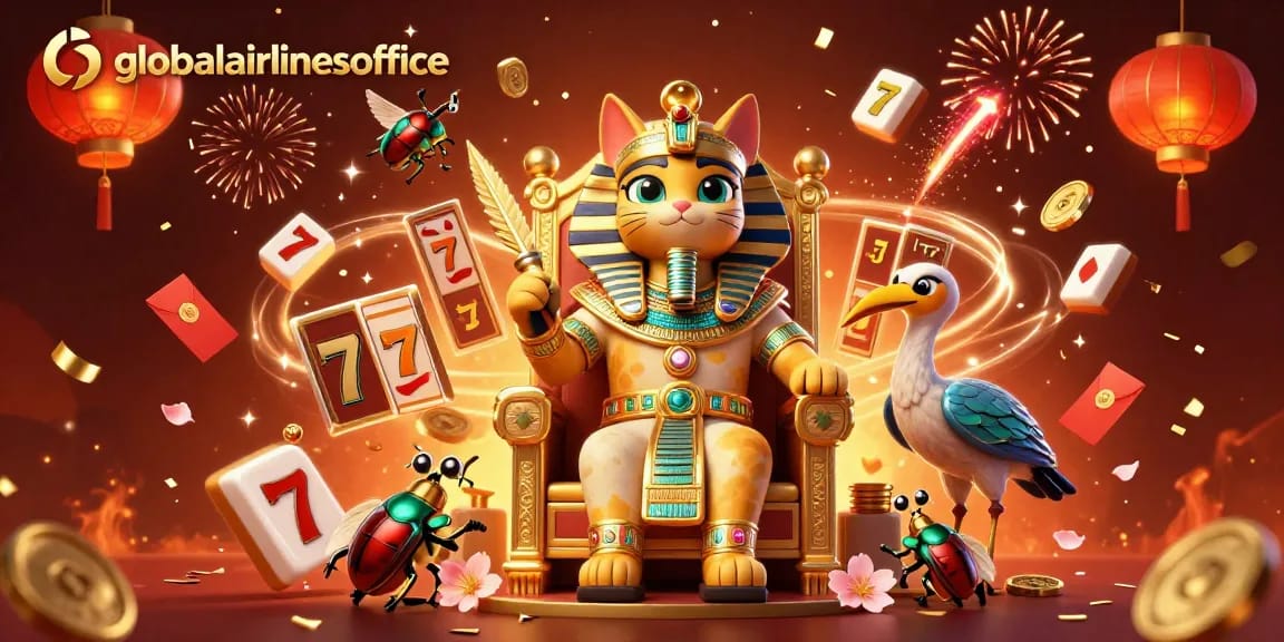 Engage with globalairlinesoffice's thrilling slot games featuring an Egyptian pharaoh cat.