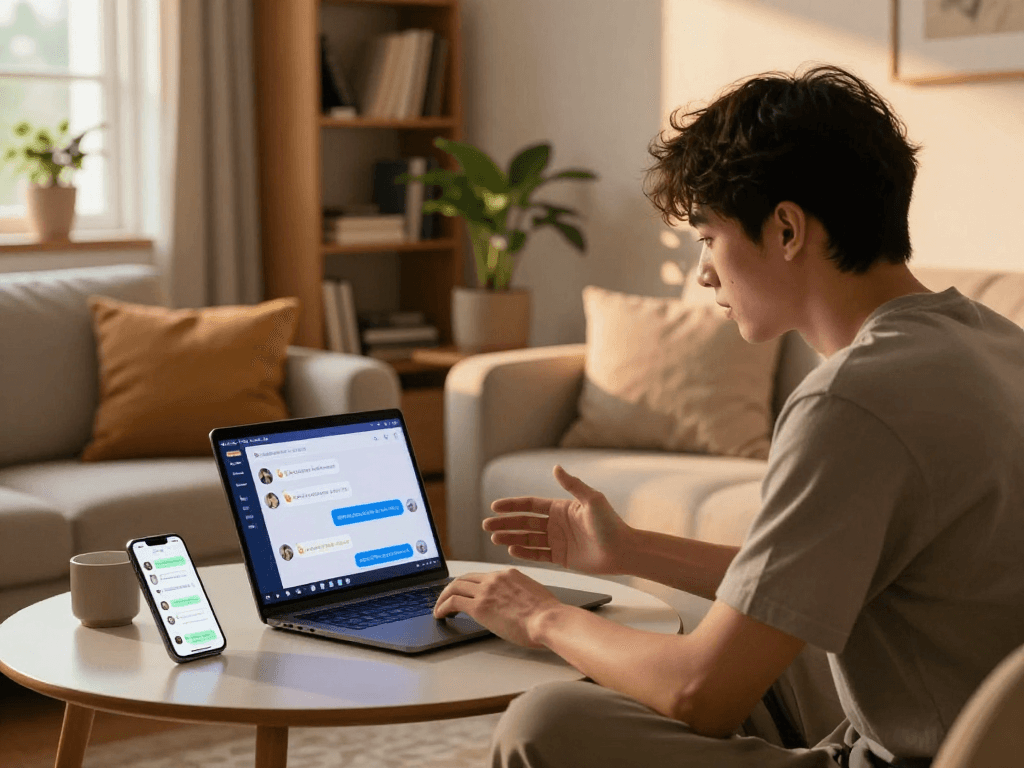Engaging AI chat porn interaction with a user and lifelike avatar in a cozy setting.