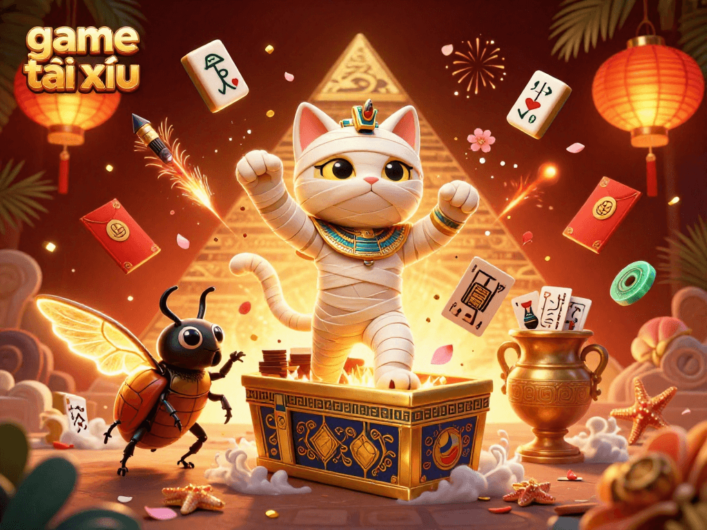 Experience the excitement of game tài xỉu with a dynamic scene featuring animated characters and casino game elements.