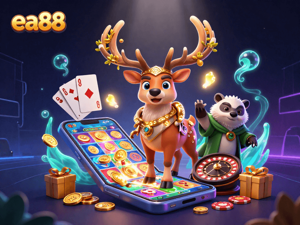 ea88 players engaging with slot games and dynamic elements in a vibrant casino scene