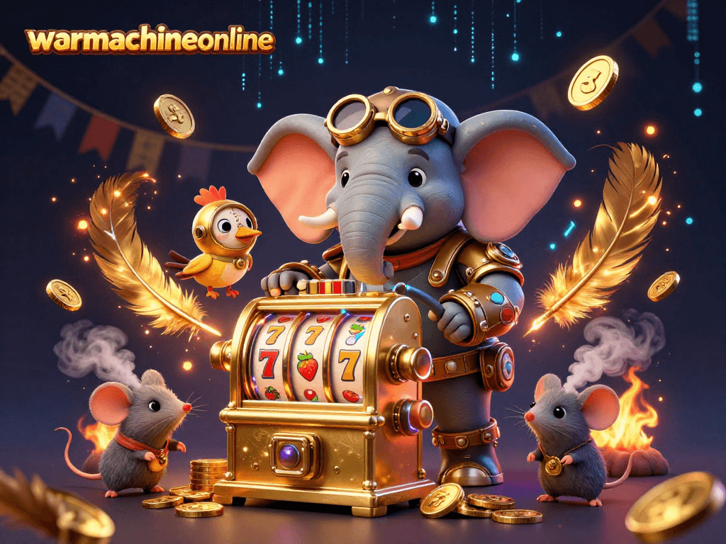 warmachineonline showcases a vibrant slot machine scene featuring a steampunk elephant engineer and dynamic game elements.