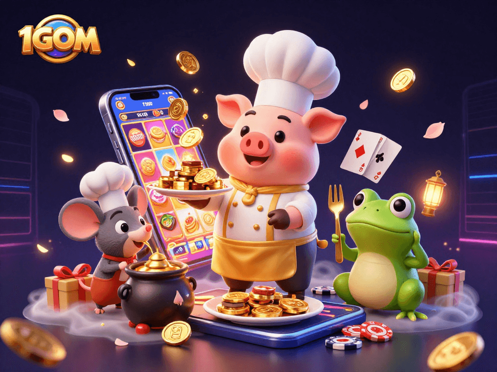 Engage with 1GOM's vibrant world of gambling featuring golden coins and exciting games in a rich 3D scene.