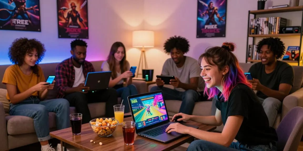 Group of friends playing free sex games on various devices in a cozy gaming setup.