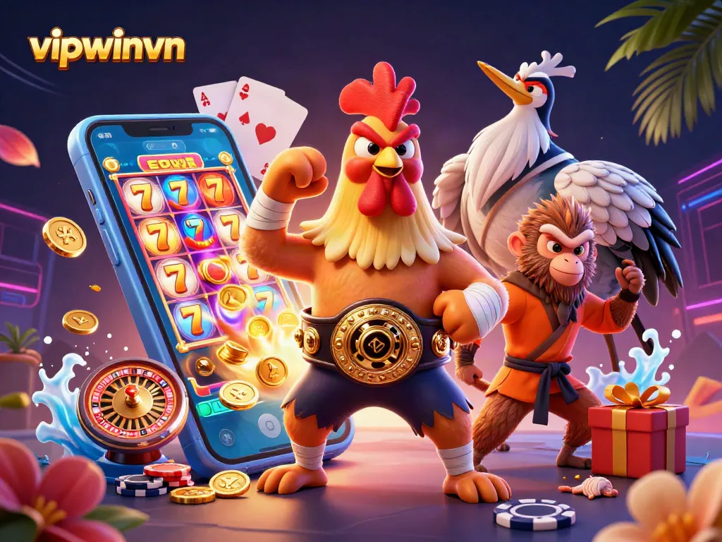 Experience thrilling gameplay at vipwinvn, illustrated with dynamic slot machines and martial arts characters.