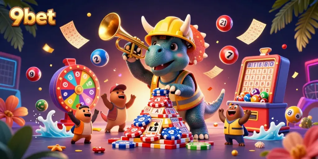 Experience the vibrant gaming world of 9bet with triceratops and lottery elements in celebration.