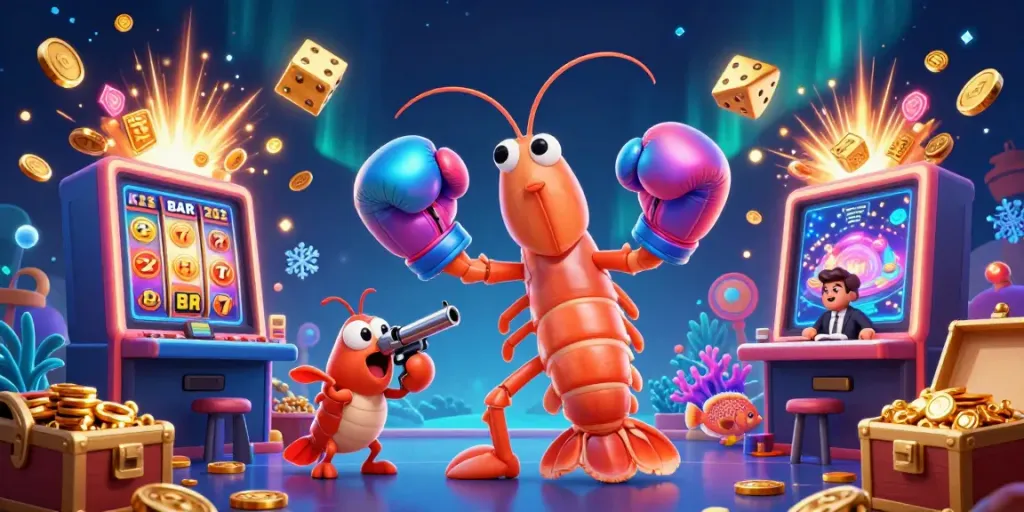 Experience the excitement of jalantoto with a vibrant casino illustration featuring a mantis shrimp and slot machine bursts.