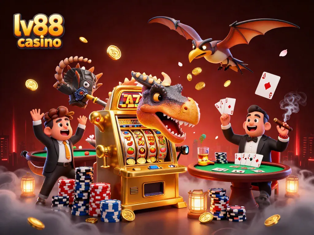 Engaging scene at lv88 casino with a dinosaur character winning jackpot coins spilling from a slot machine.