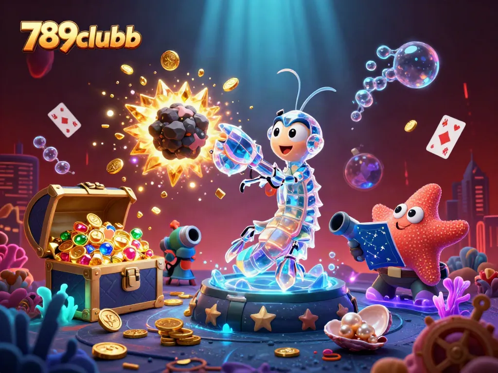 789clubb showcases a vibrant underwater casino scene with a galactic mantis shrimp winning treasures.