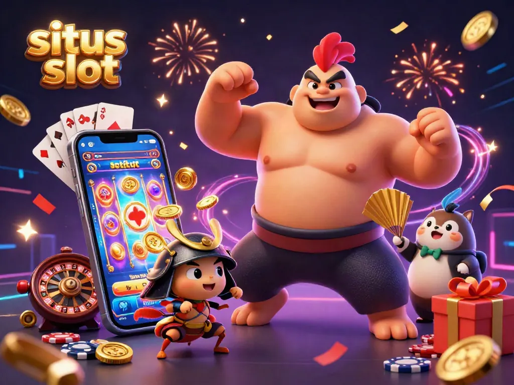 Engage with situs slot through a vibrant scene of a powerful sumo wrestler rooster, fierce cricket, and tanuki announcer amidst slot game elements.