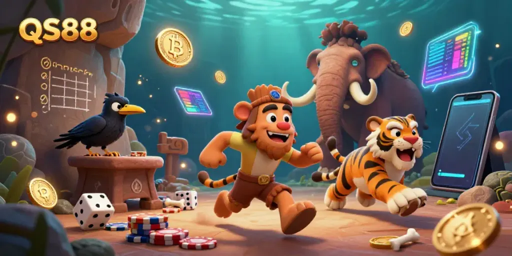 Engage with the thrilling prehistoric casino scene featuring QS88, as caveman and sabertooth tiger handle ancient gaming elements.