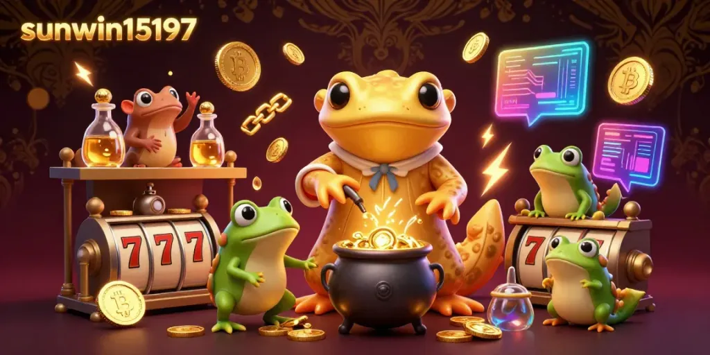 Experience thrilling gameplay at sunwin15197, featuring cartoon alchemists surrounded by gold coins and slot reels.