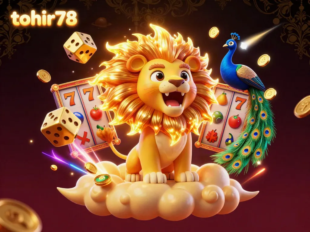 Spin to victory with tohir78 in a vibrant casino world featuring golden slots and roaring lion!