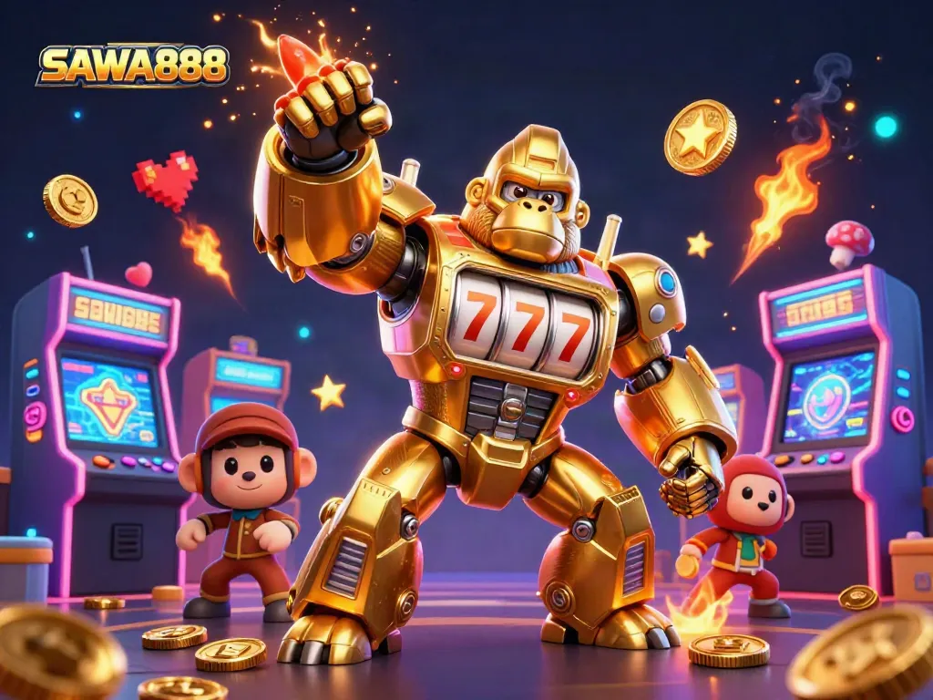 Engage in thrilling gameplay at SAWA888 featuring a vibrant 3D casino adventure scene with a golden gorilla mech.