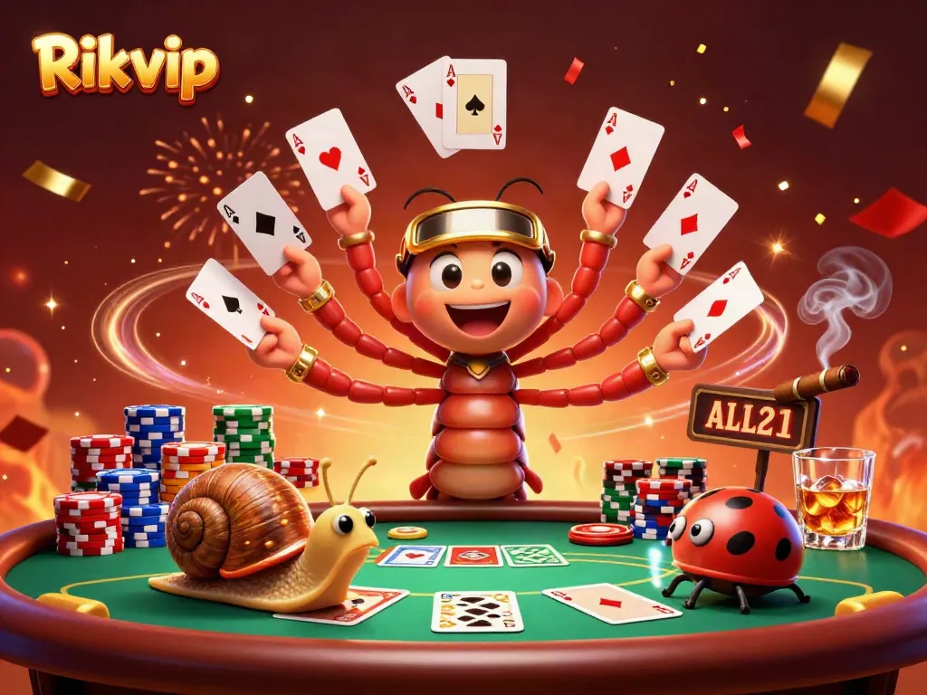 Experience immersive gameplay with Rikvip illustrated in a vibrant casino scene featuring lively characters.