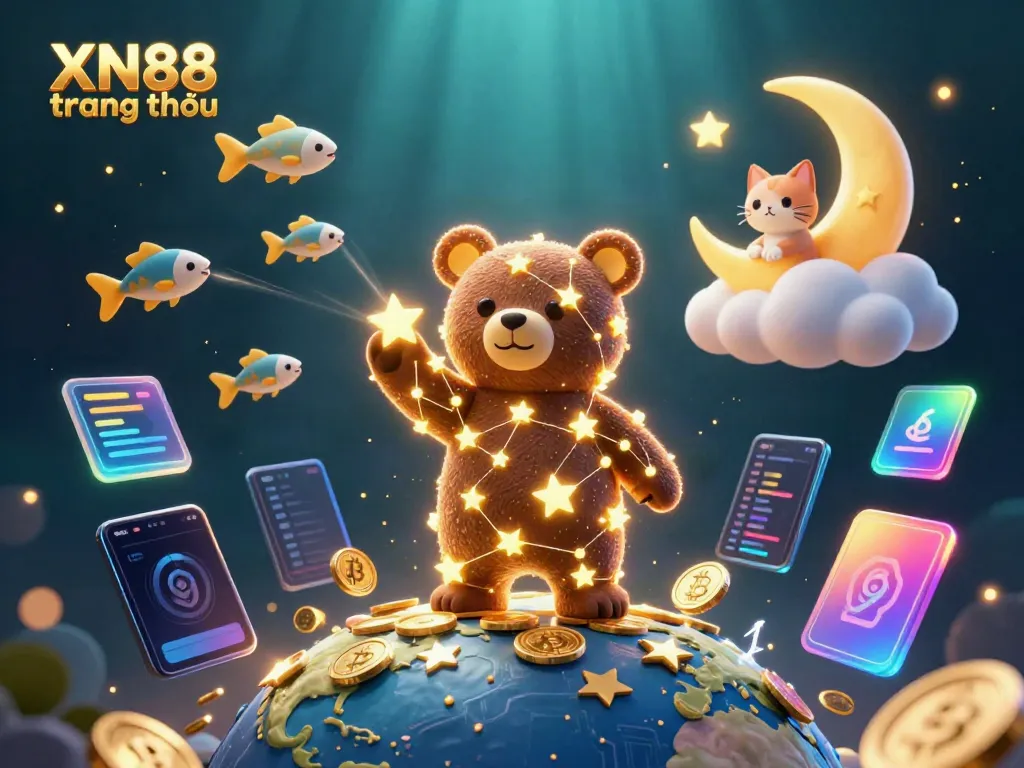 Experience the magic of XN88 trang chủ with a constellation bear and shooting star fish gathering coins above Earth.