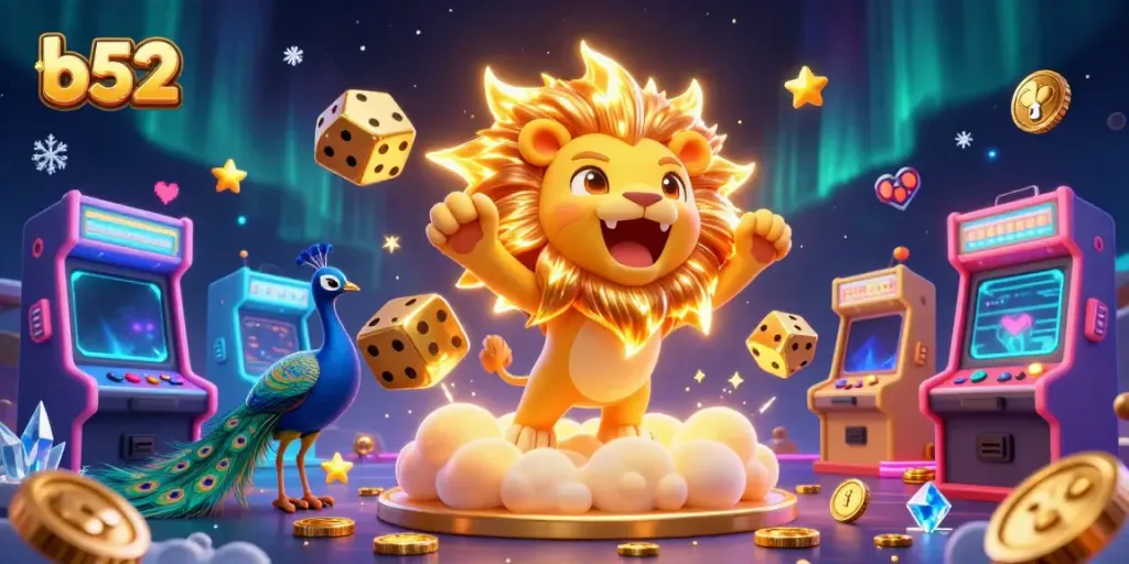 Experience the excitement of b52 with vibrant casino-themed elements, including a roaring lion and golden dice.