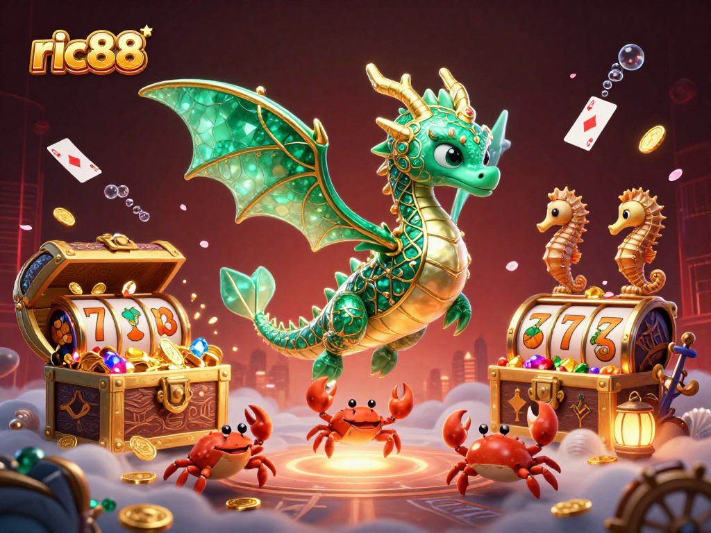Experience winning thrills at ric88 with this vibrant 3D sea dragon casino illustration.