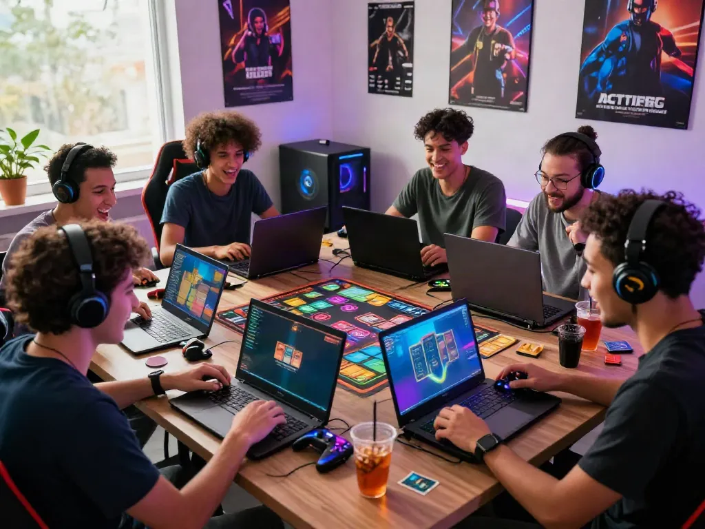 Friends engaging in an immersive gaming session at https://sunwint4.com/ with colorful lights and lively atmosphere.