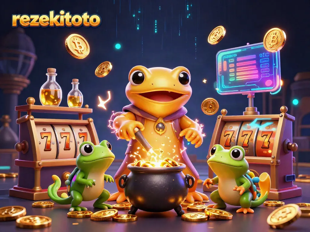 Experience excitement at rezekitoto with an alchemist turning base metals into gold coins in a vibrant casino setting.