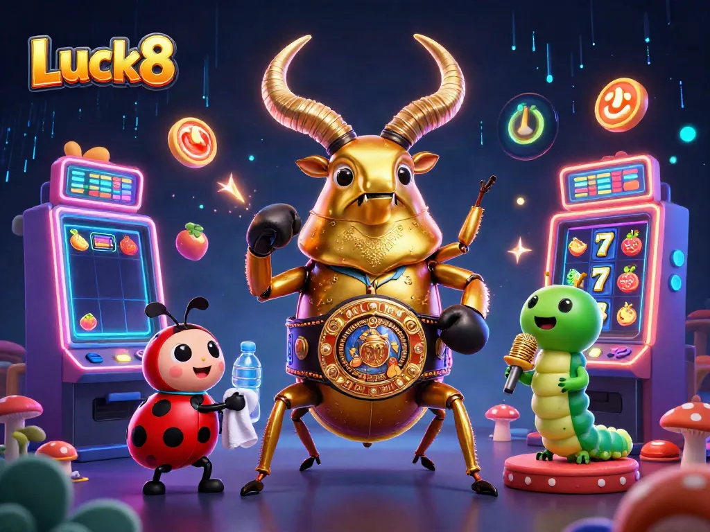 Experience Luck8 with thrilling jackpots and gaming excitement featuring a golden stag beetle boxing champion.