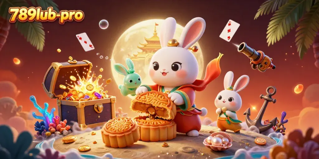 Engage in the vibrant universe of 789lub-pro with a whimsical moon rabbit pounding mooncakes filled with poker chips.