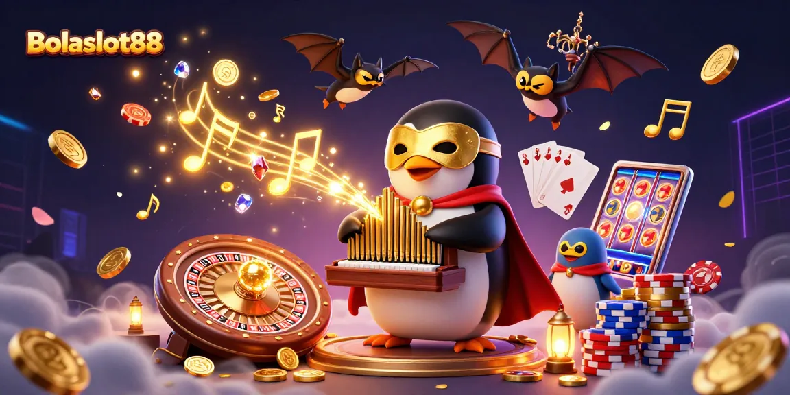 Bolaslot88 celebrates with a vibrant 3D scene of a skilled penguin playing an organ amidst cascading coins and gaming excitement.