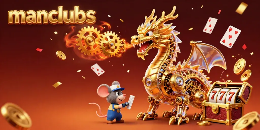 Experience exciting gameplay at manclubs with enchanting 3D illustrations of a dragon and sparkling casino treasures.