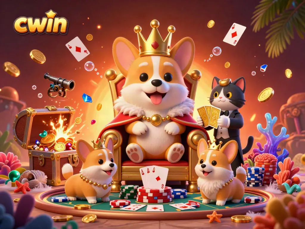 Cwin entertaining online casino with a royal corgi on poker chips and colorful game elements in a vibrant setting.