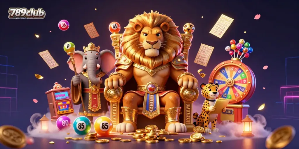 Engage with the dynamic 789club gaming scene featuring a royal lion, wise elephant, and speedy cheetah amid vibrant lottery elements.