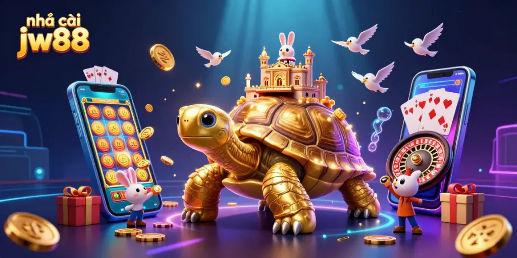 Engaging illustration of nhà cái jw88 featuring a golden tortoise casino with dynamic game elements.