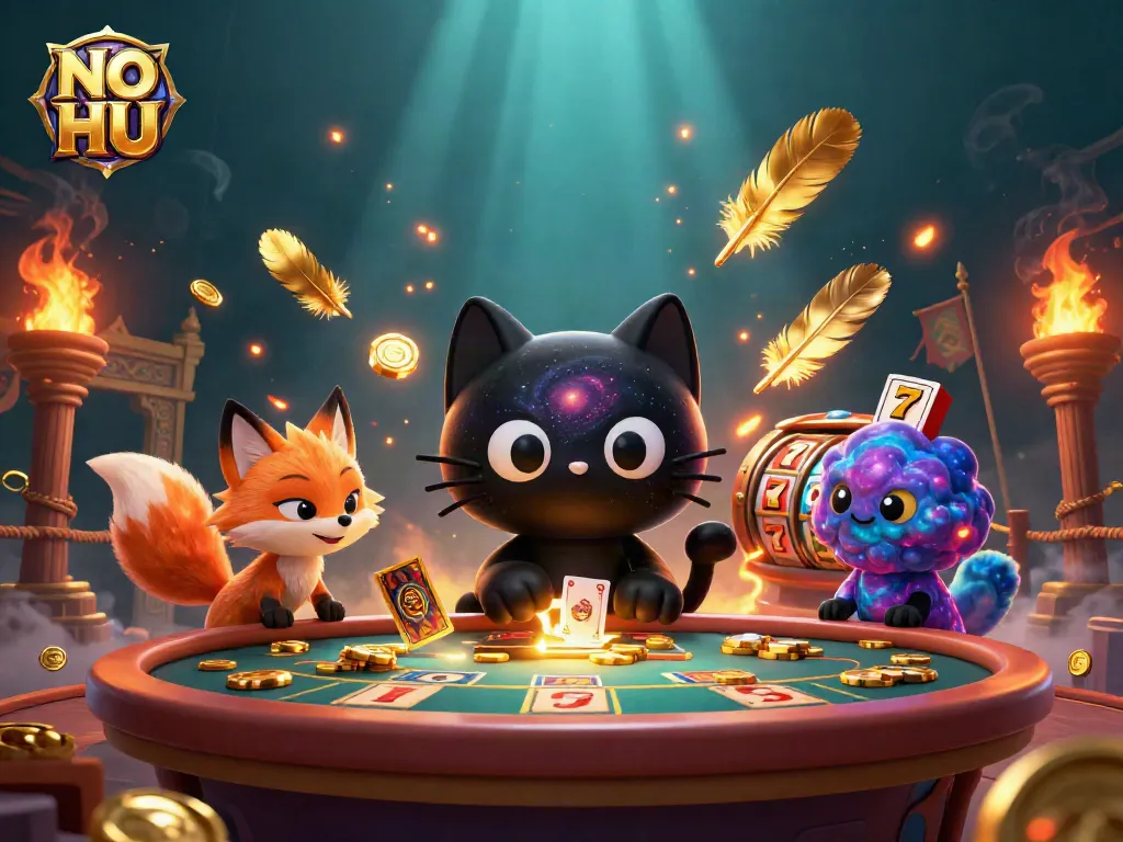 Engage with NO HU at a vibrant cosmic casino, where a black hole cat attracts golden winnings.