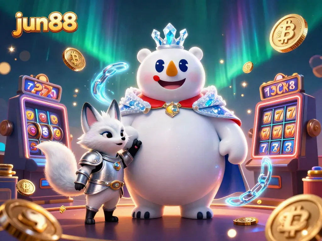 Join the magical world of jun88 with a snowy casino adventure featuring a polar bear and fox surrounded by vibrant game elements.