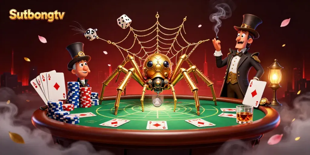 Sutbongtv highlights an intricate steampunk spider webbing golden chains, poker chips, and dice in a vibrant casino scene.