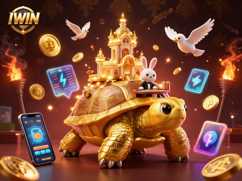 Playful IWIN casino scene featuring a golden tortoise with a rabbit dealer amidst flying coins.