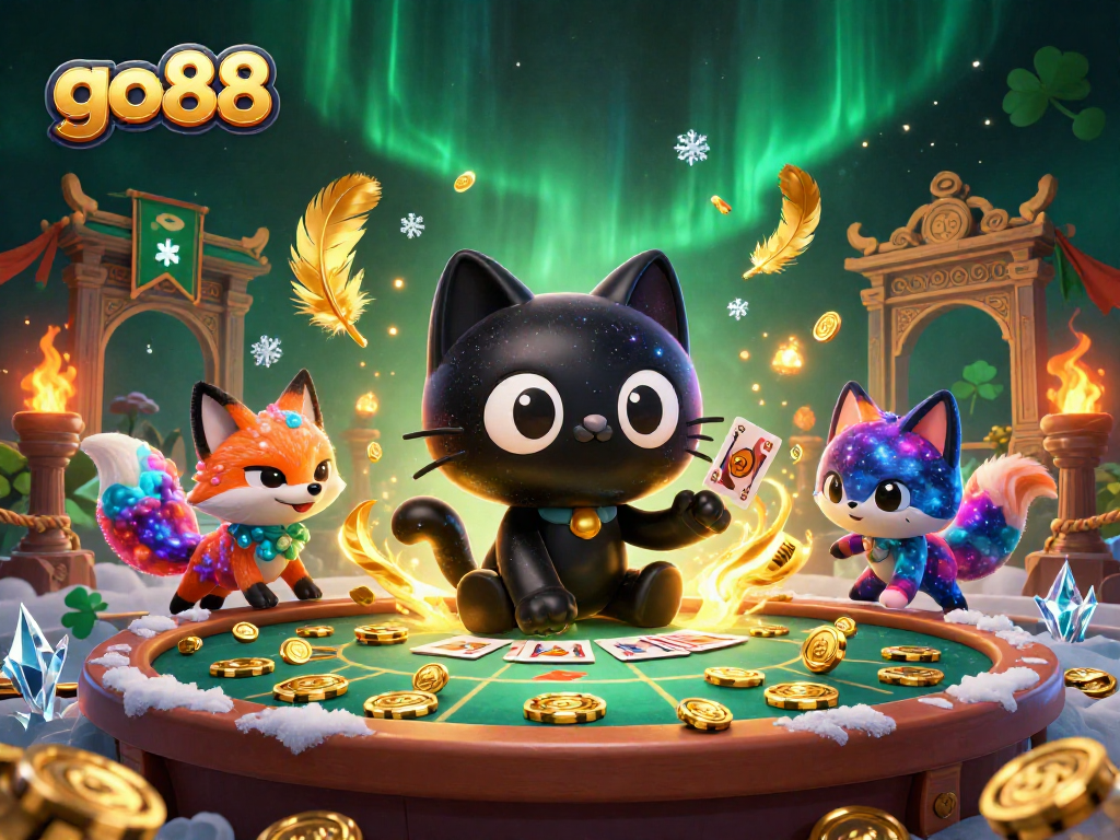 Engage with go88 at a glowing cosmic casino, collecting golden chips and cards.