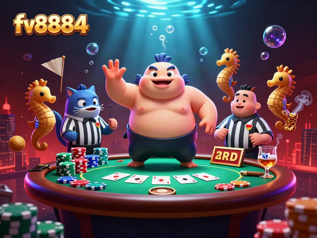 Fv8884 underwater casino with fugu, catfish referee, and poker elements creating an exciting gaming scene.