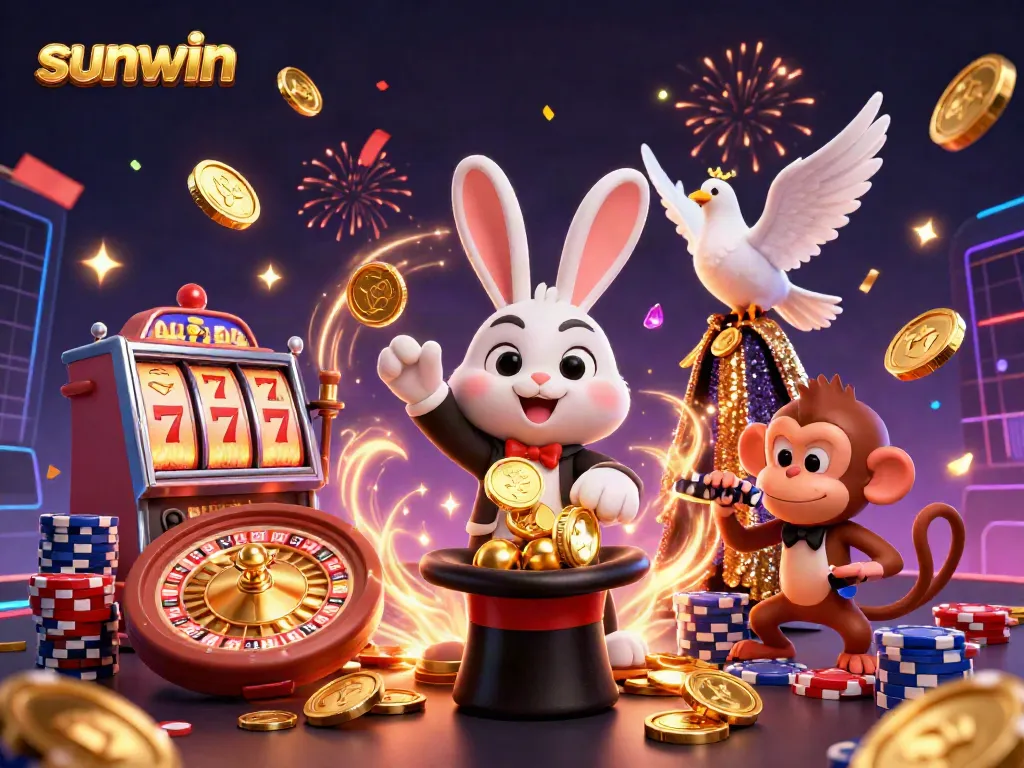 Experience the thrill of sunwin gaming with a 3D illustration of a magician rabbit and friends amidst cascading treasures.
