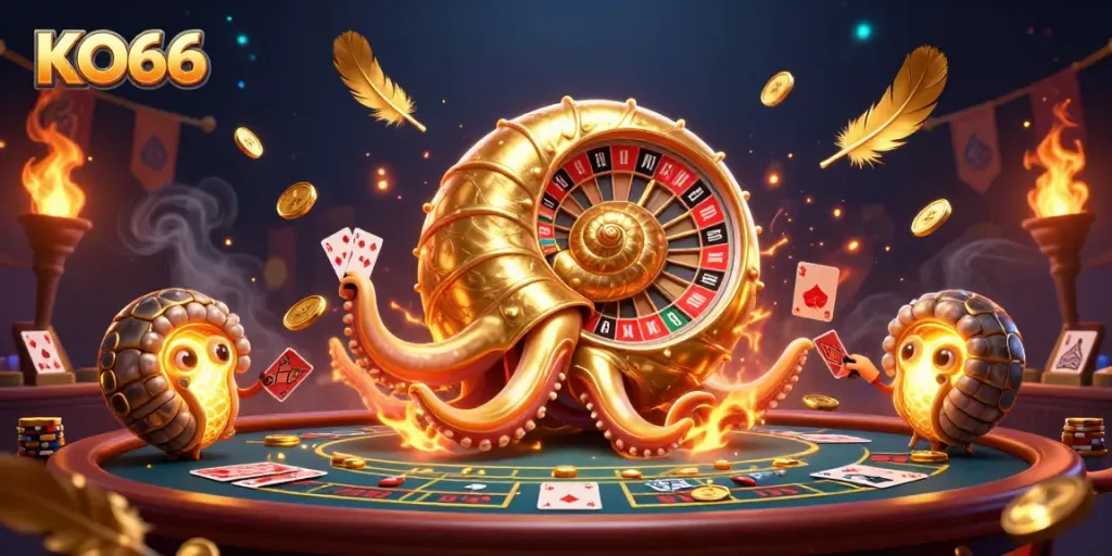 Experience the excitement at KO66, featuring a vibrant live casino scene with dynamic slot reels and glowing characters.
