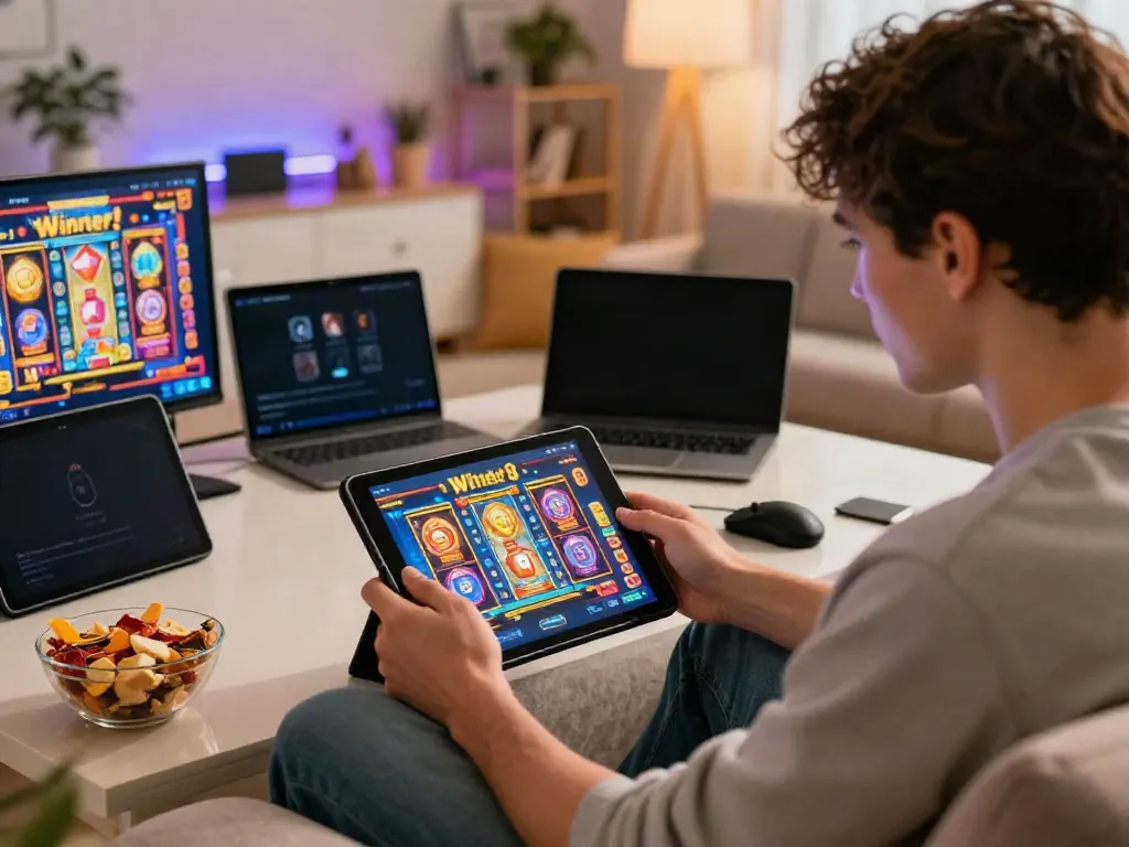 Engaging user enjoying slot88 on tablet surrounded by vibrant gaming visuals.