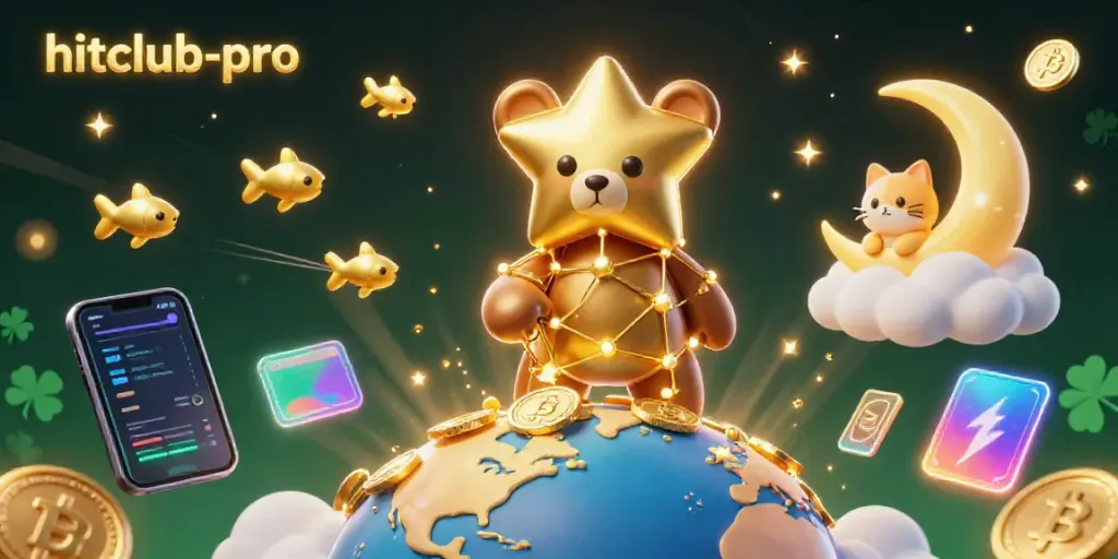 Experience hitclub-pro with a celestial bear collecting coins surrounded by cryptocurrency elements.
