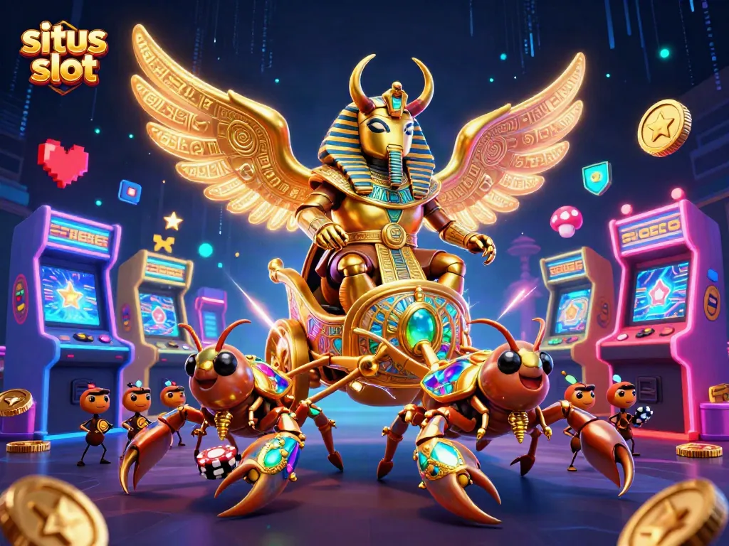 Experience exhilarating gameplay and big wins with situs slot in this colorful 3D casino scene.