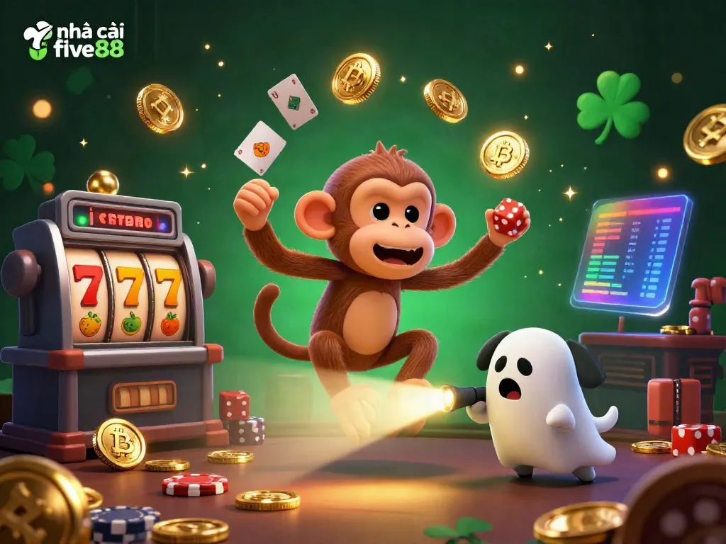 Experience the excitement at nhà cái five88 as a playful poltergeist monkey juggles golden coins in a haunted casino.