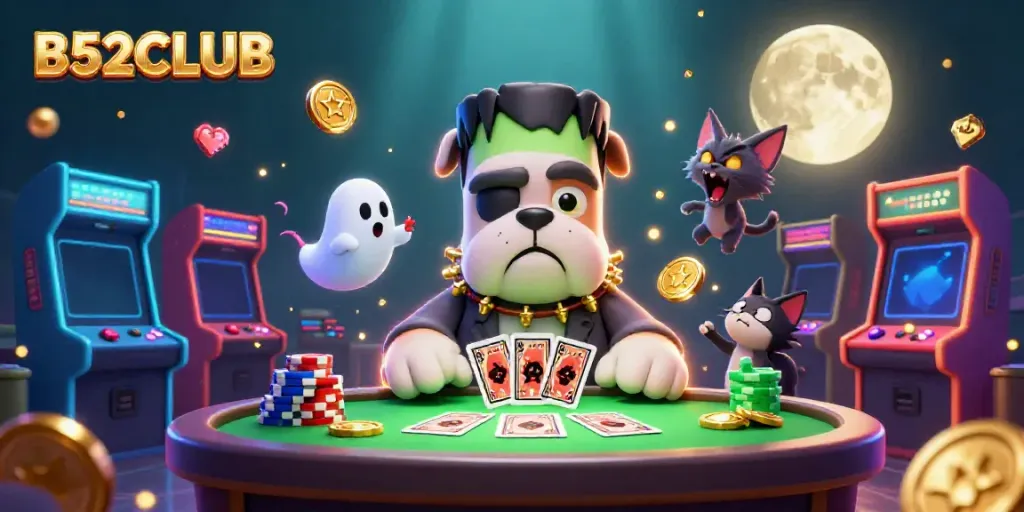 Engage with the exciting world of B52CLUB as the Frankenstein bulldog deals cards at a vibrant casino table.