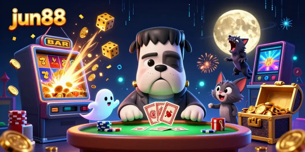 Experience the thrill of jun88 with a dynamic casino scene featuring colorful slot machines and playful characters.