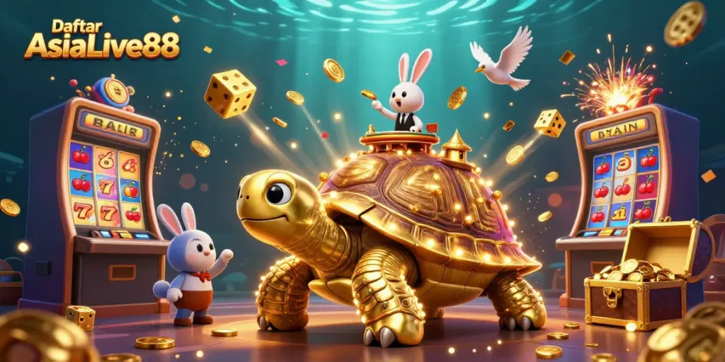 Experience the thrill of Daftar AsiaLive88 with a detailed 3D illustration showcasing a vibrant casino scene.