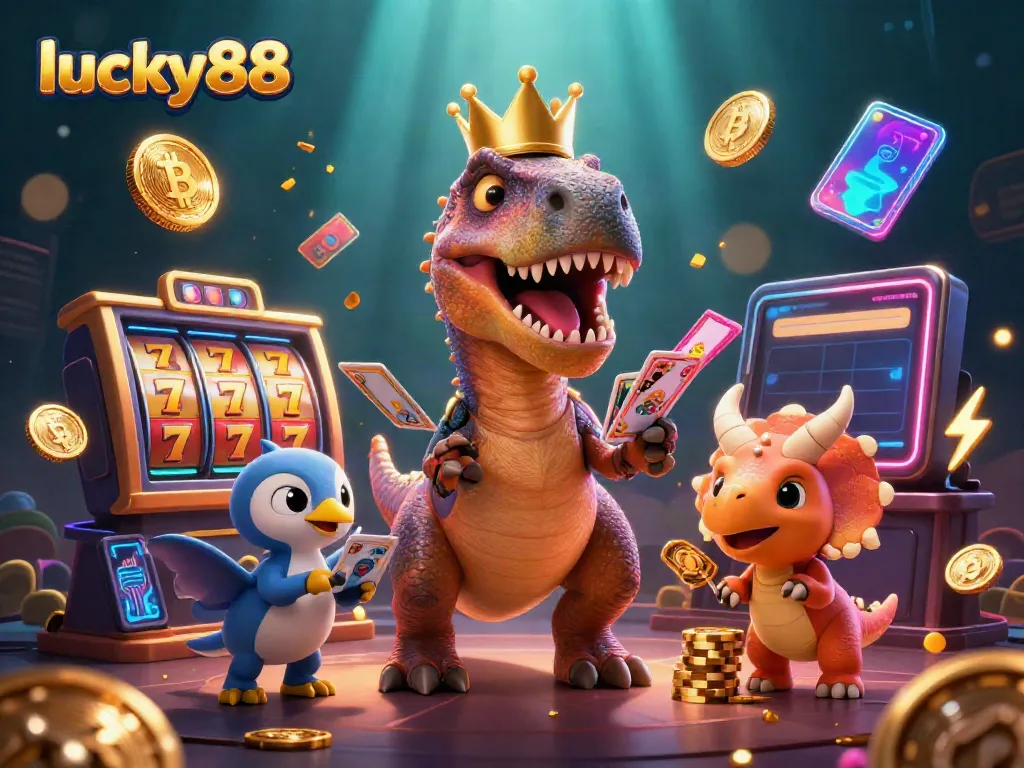 Experience the vibrant world of lucky88 with a friendly dinosaur card dealer amidst casino reels and neon crypto elements
