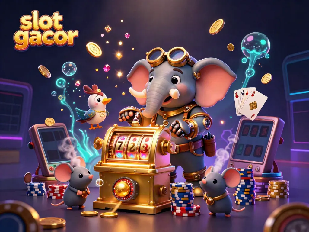 Experience the thrill of slot gacor with a steampunk elephant engaging in a dynamic casino scene.