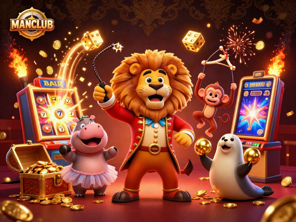 Engage in exciting games at MANCLUB with vibrant 3D casino illustrations showcasing fun characters and jackpot thrills.